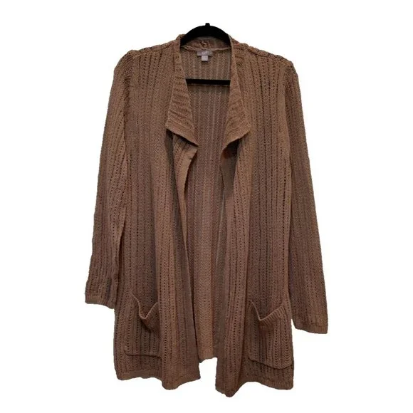 J. Jill Cotton Linen Open Front Cardigan Lg Tan Loose Knit Long Sleeves Pockets - Picture 1 of 10